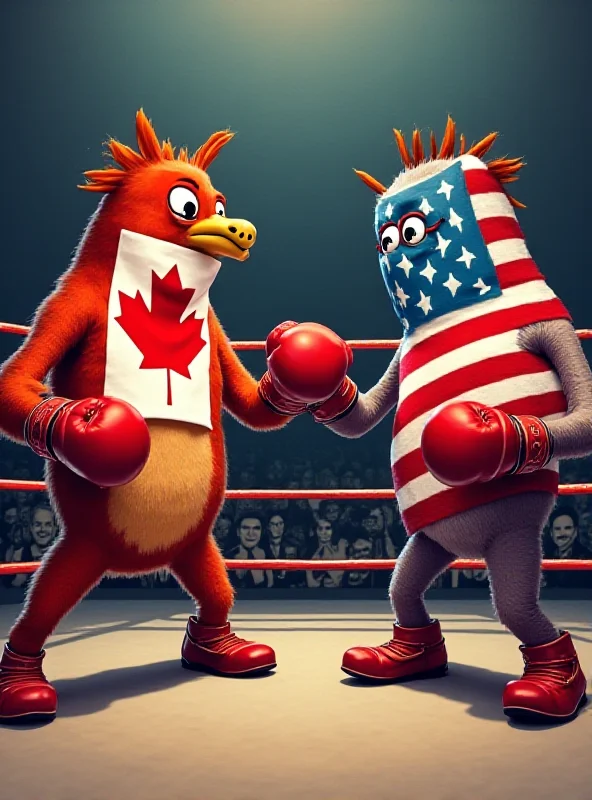 Cartoon depiction of boxing match between Canada and the US