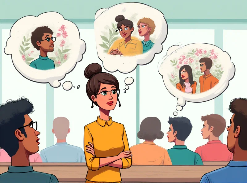 Illustration of a teacher in a classroom with thought bubbles showing different viewpoints on gender identity and pronouns.