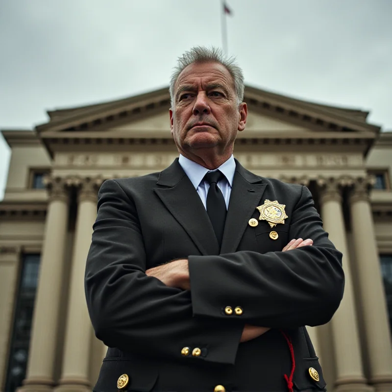 A determined-looking sheriff standing in front of the San Mateo County courthouse, symbolizing resistance and defiance against political pressure.