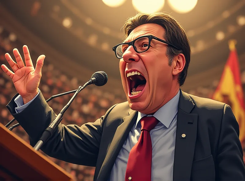 Illustration of a politician shouting into a microphone, with exaggerated facial expressions.