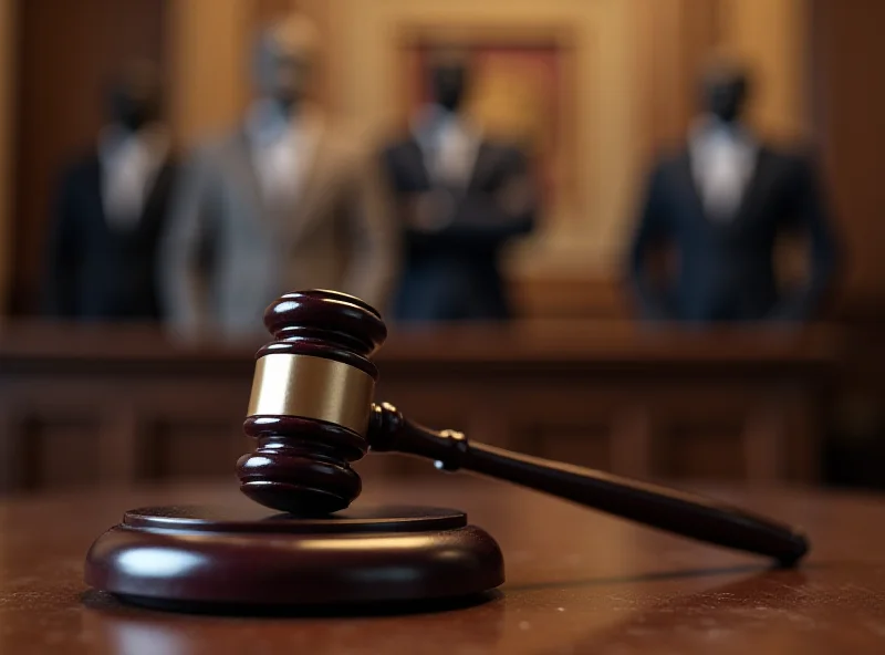 A gavel resting on a sound block in a courtroom setting, with blurred figures in the background.