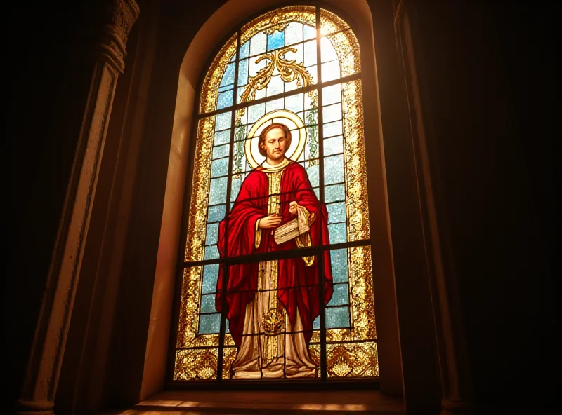 A stained glass window depicting a pope in a basilica in Rome, bathed in soft, filtered sunlight.