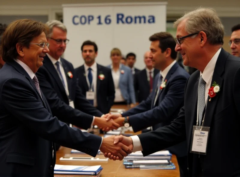 A diverse group of people in business attire at a conference, shaking hands and smiling, with badges around their necks and focused on the negotiation table, representing international cooperation at COP16 in Rome.