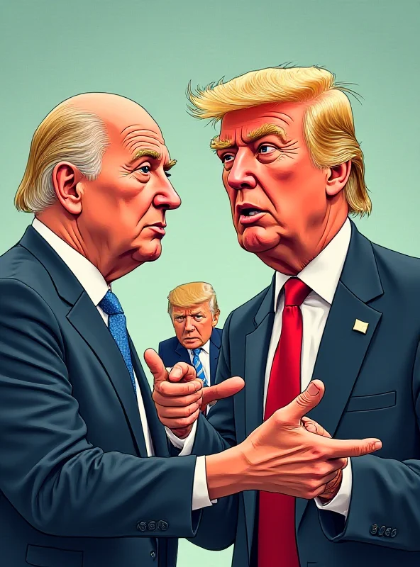 A cartoon illustration depicting Volodymyr Zelensky explaining Ukraine to Donald Trump, who is looking skeptical. In the background, Joe Biden is depicted as a small, waxen figure.