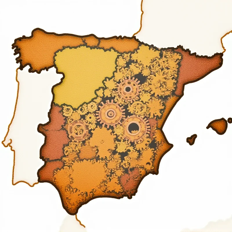 Abstract illustration of Spain divided into autonomous regions, each with its own gears and cogs.