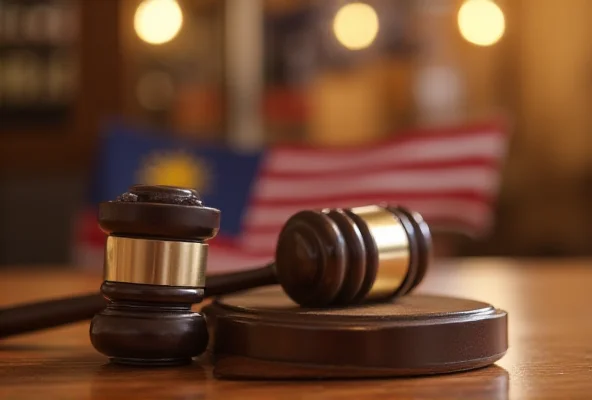 Gavel and Malaysian flag on a wooden table.