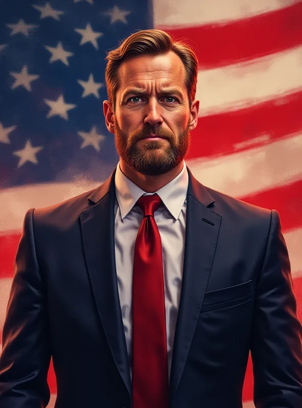 An illustration of Andrew Tate standing in front of an American flag, looking smug