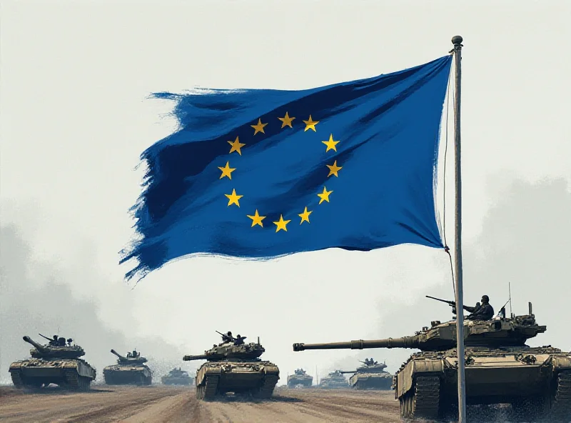 European Union flag with military equipment in the background