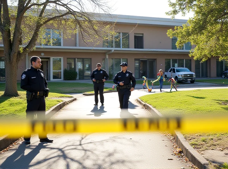 Police officers investigating a crime scene tape near a school.