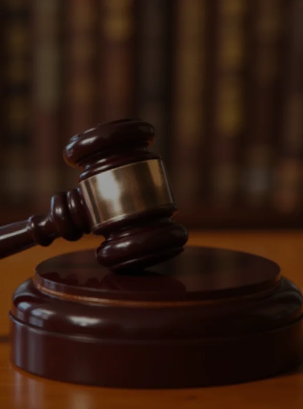 A photo of a gavel on a wooden desk in a courtroom.