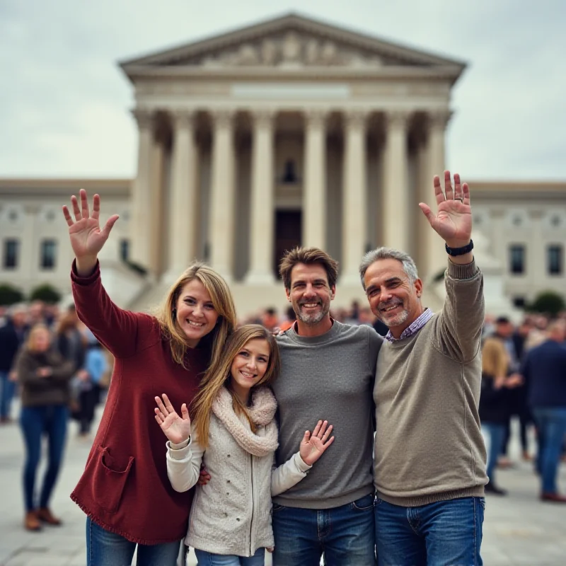 A family standing in front of a government building, waving to a crowd.