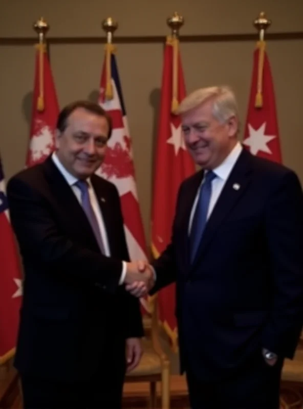 A handshake between two world leaders in front of their national flags, symbolizing diplomatic support.