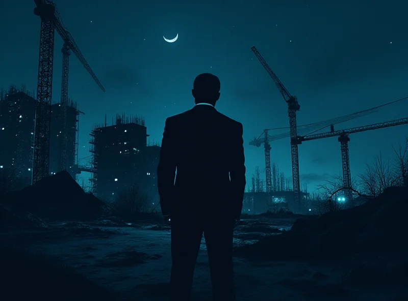 Illustration of a construction site with a shadowy figure looming over it.