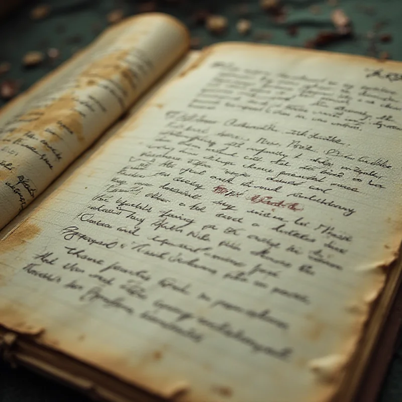 A close-up of a handwritten diary with faded ink, symbolizing the documentation of secrets and crimes.