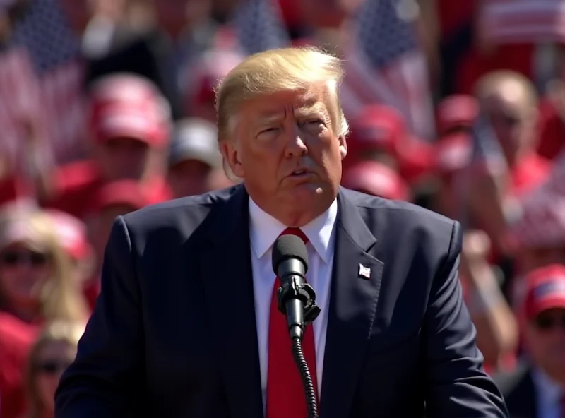 Donald Trump addressing a crowd of supporters with microphones in front of him.