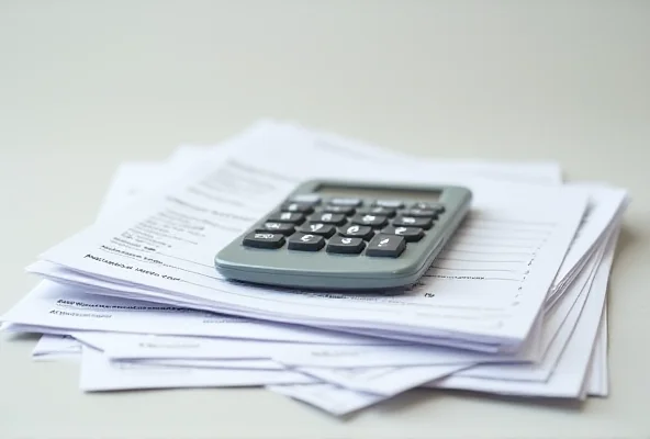 A stack of utility bills with a calculator on top, symbolizing cost savings.