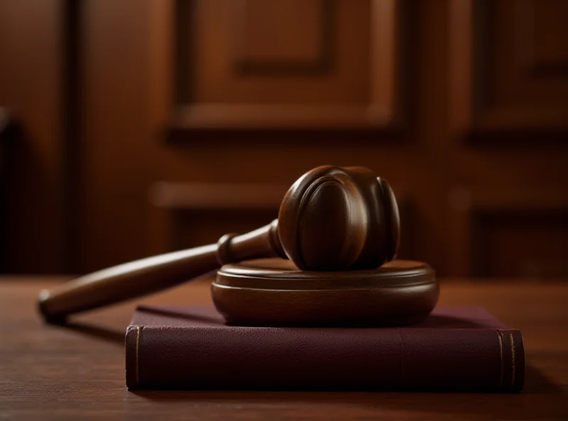 A gavel resting on a law book in a courtroom setting.