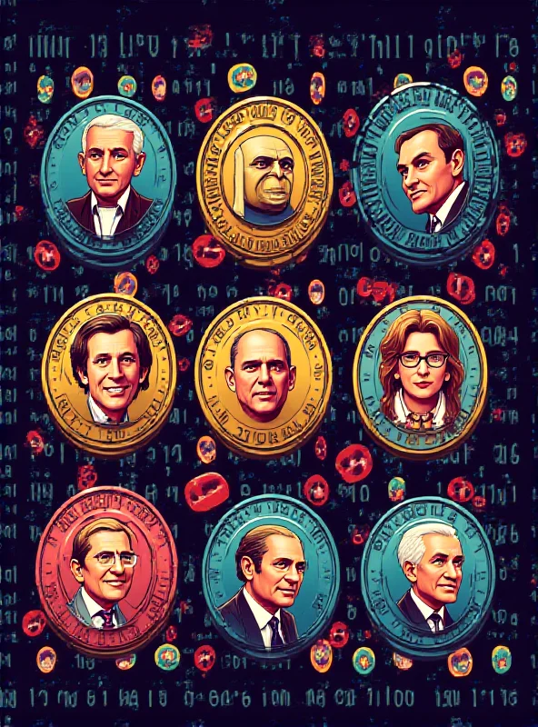 Digital illustration of meme coins with political symbols.