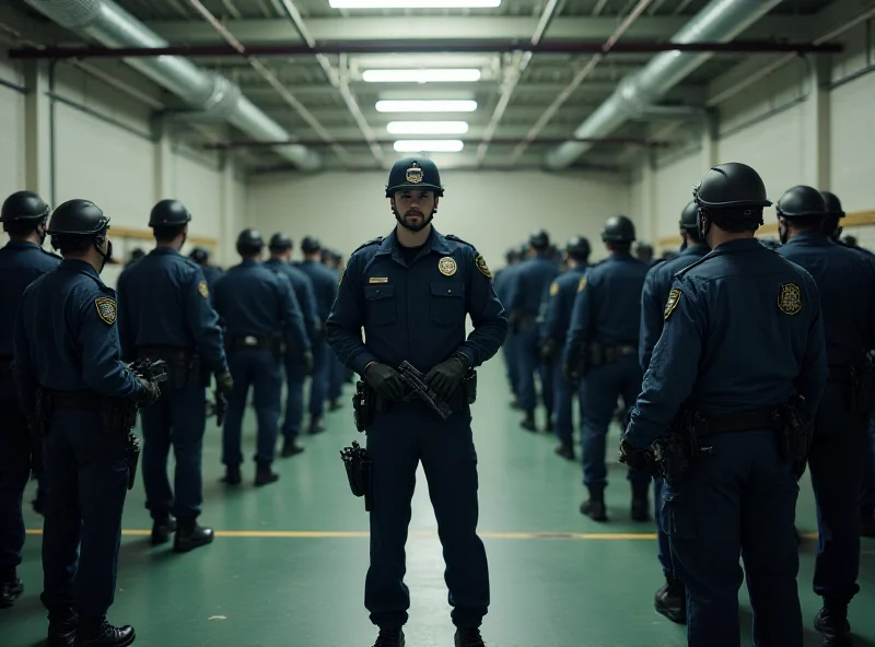 A police academy training facility with recruits in formation.