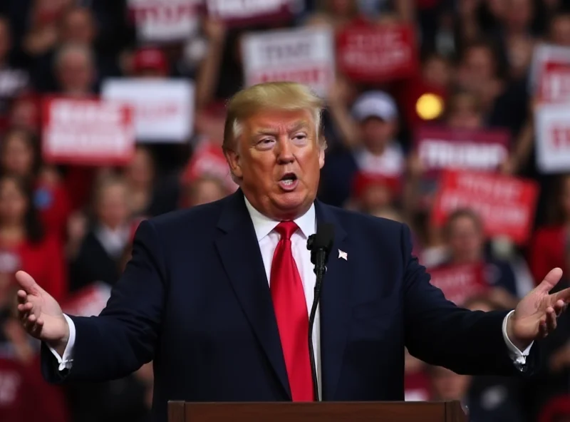 Donald Trump giving a speech at a rally, with supporters in the background.