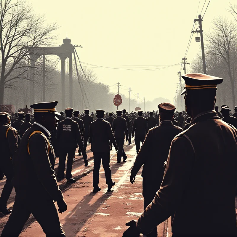 Illustration of the Edmund Pettus Bridge in Selma, Alabama, during the Bloody Sunday march, with civil rights demonstrators facing state troopers.