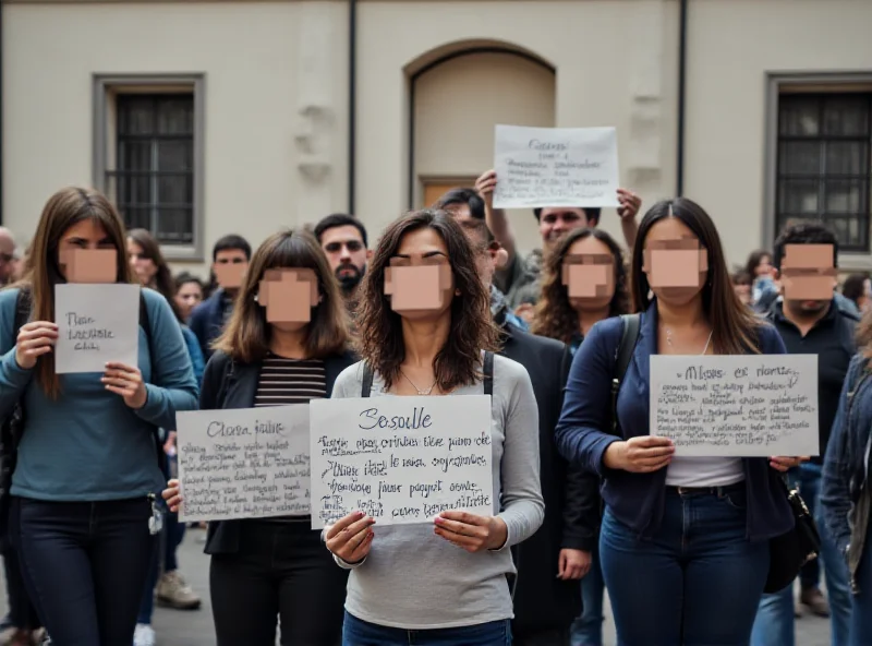 A group of students holding signs with pixelated faces during a protest.