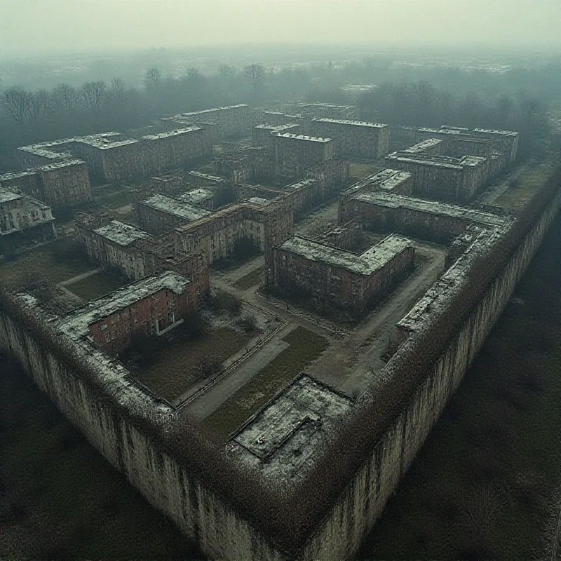 An aerial view of a French prison complex, showing the tight confines and high walls, symbolizing the overcrowding issue.