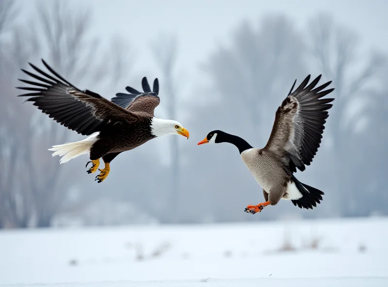 Photograph of a Canada goose and a bald eagle locked in a dramatic aerial battle, set against a snowy backdrop.