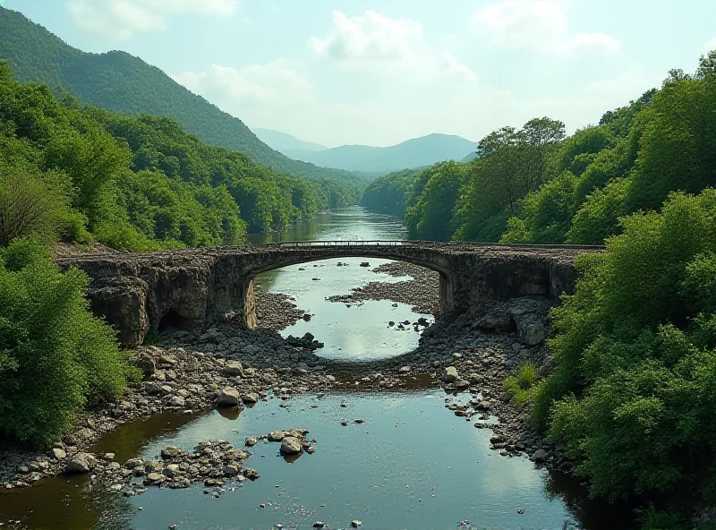 A collapsed bridge with debris scattered in the river below, symbolizing infrastructure failure and potential design flaws.