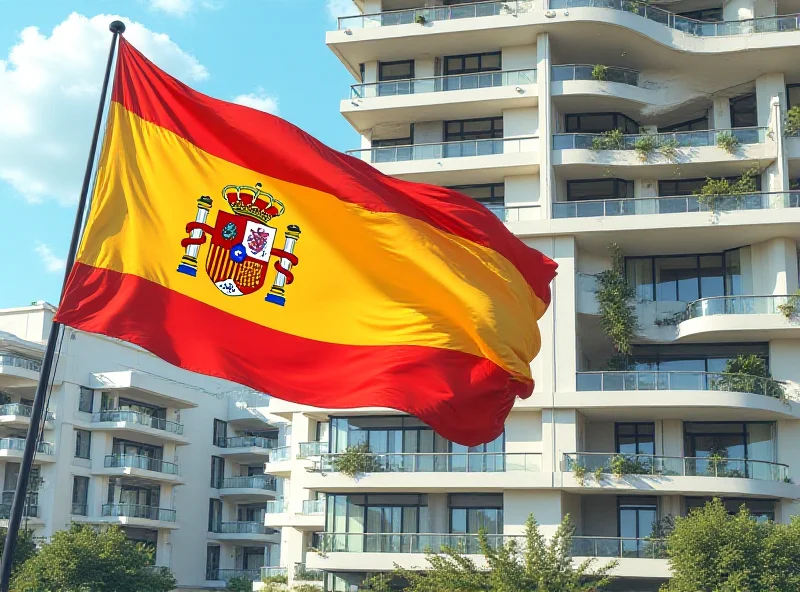 Illustration of a luxury apartment building with the Spanish flag waving in the foreground, symbolizing the political scandal.