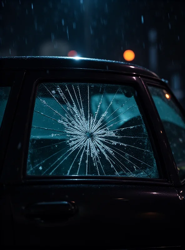 A police car with a shattered window, symbolizing the re-arrest of Rafa 'El Jabato' and his violent attempt to escape.