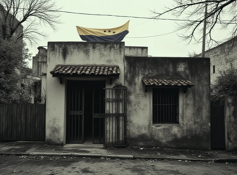 A Venezuelan flag waving in front of a modest house, symbolizing the political harassment experienced by María Corina Machado's mother.