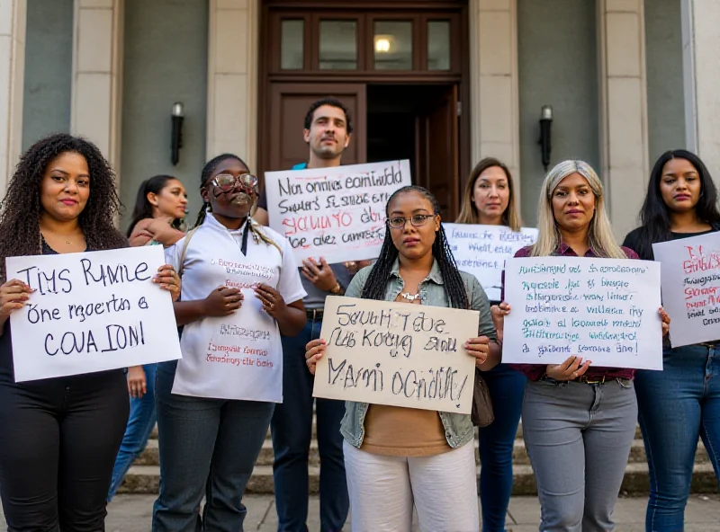 A group of concerned parents protesting in front of a school building, holding signs expressing their discontent over the closure of school groups.