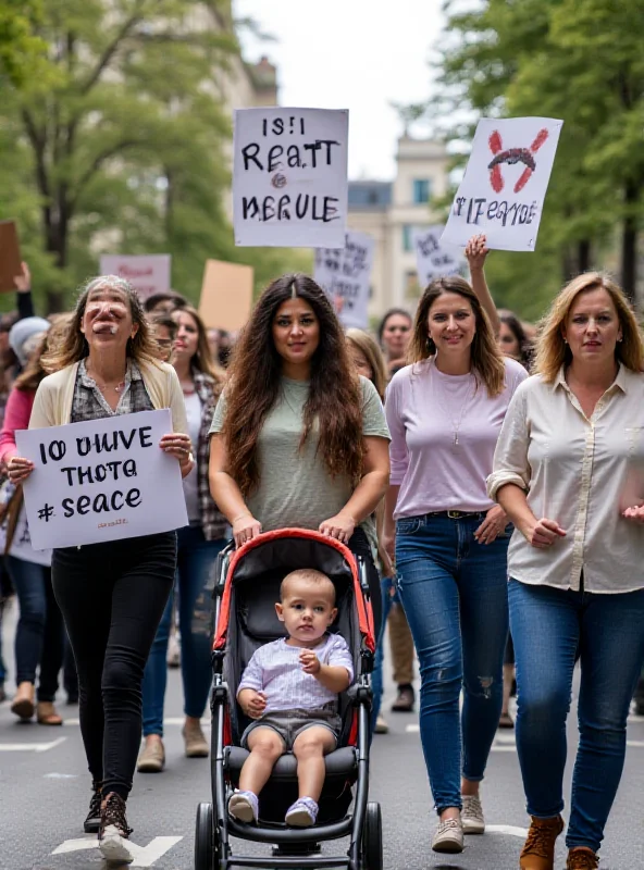 A group of mothers marching in a protest, holding signs and banners