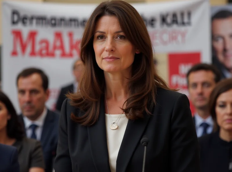 Sahra Wagenknecht speaking at a podium with a serious expression.