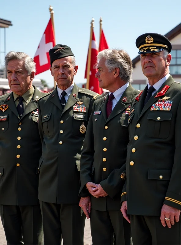 Group of Swiss military officials in uniform standing outdoors.