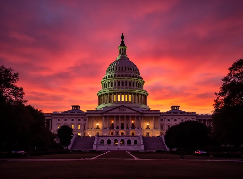 An image of the United States Capitol Building during sunset with dramatic lighting.