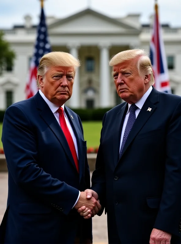 Keir Starmer shaking hands with Donald Trump in front of the White House. Both men have serious expressions. American and British flags are visible in the background.