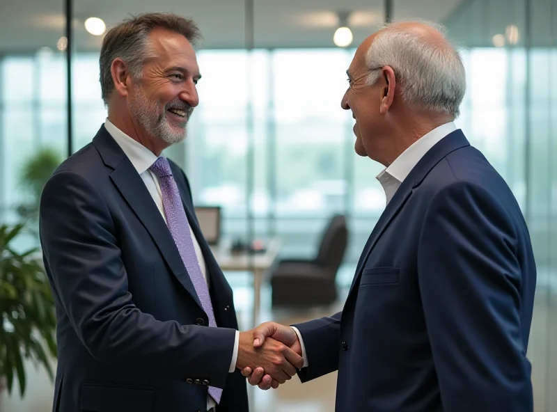 Aleix Sanmartin, political consultant, shaking hands with Alberto Núñez Feijóo, leader of the PP, in a modern office setting.