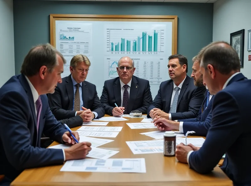 A group of business leaders sitting around a conference table, engaged in a serious discussion about economic policy, with charts and graphs visible in the background.