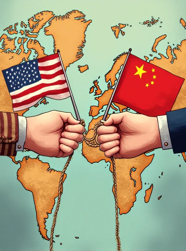 Illustration depicting two hands, one with the US flag and the other with the Chinese flag, pulling on opposite ends of a rope representing trade.