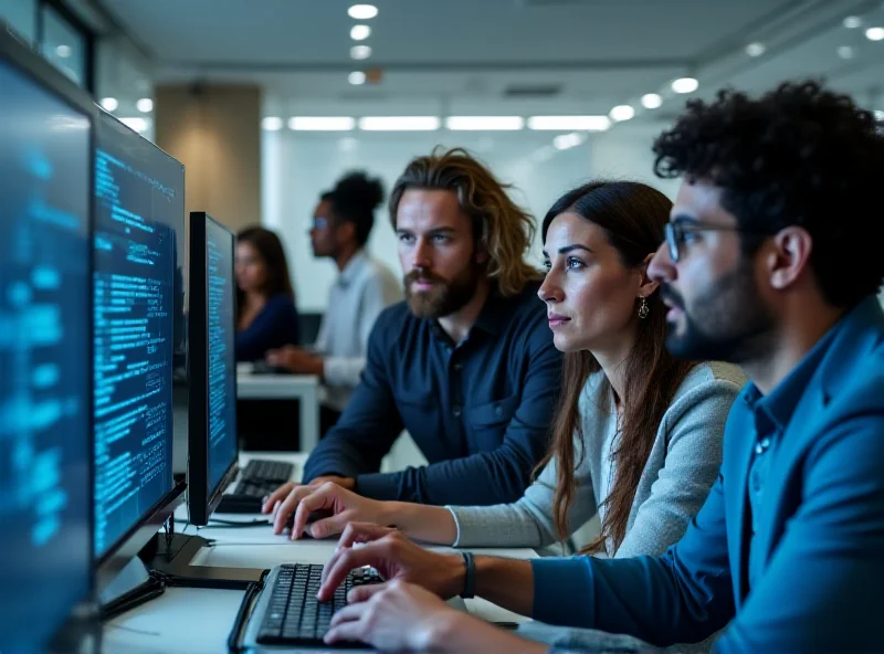 A diverse group of people looking at a screen with AI code