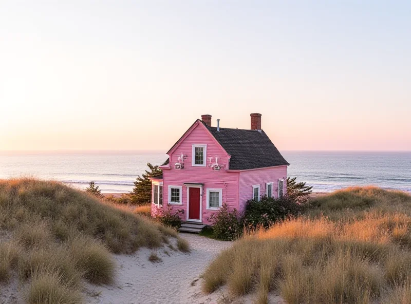 A picturesque pink house on a Massachusetts coastline, bathed in the soft light of dawn or dusk. The house is surrounded by natural elements like the ocean, sand dunes, and possibly some vegetation. The architectural style is traditional New England, with a charming and inviting appearance.