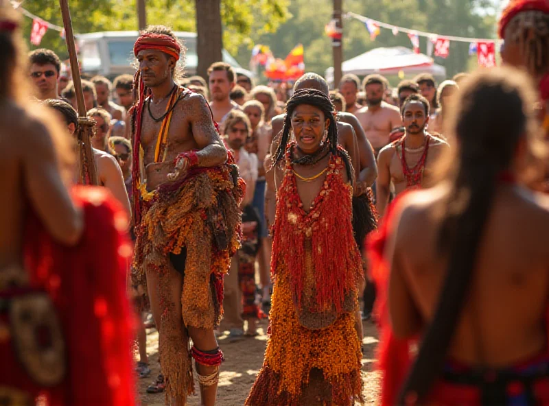 A wide shot of a 'Welcome to Country' ceremony in Australia. Aboriginal elders are in the foreground, performing a traditional dance or offering a speech. The background includes a diverse audience, with Australian flags and Indigenous flags visible. The atmosphere is respectful and celebratory, showcasing the rich cultural heritage of the Aboriginal people.