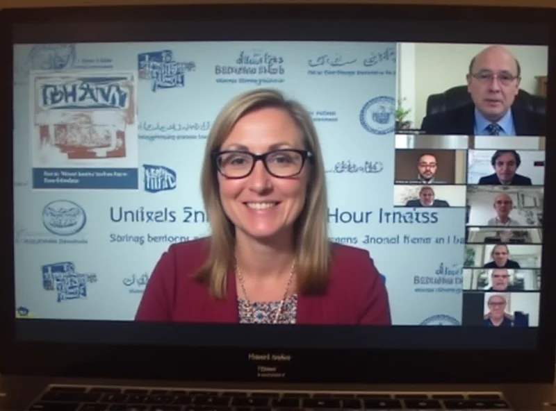 A virtual event featuring Helena Cobban, president of Just World Educational, speaking on a panel about 'Understanding Hamas'. The event is being streamed online, with participants from various locations visible in smaller windows around the main speaker. The background includes a professional banner or backdrop with the Just World Educational logo and the title of the discussion.