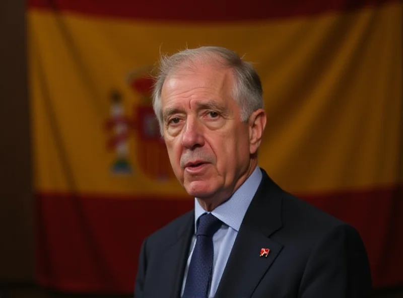 Agustín Rosety giving a press conference, serious expression, Spanish flag in the background.