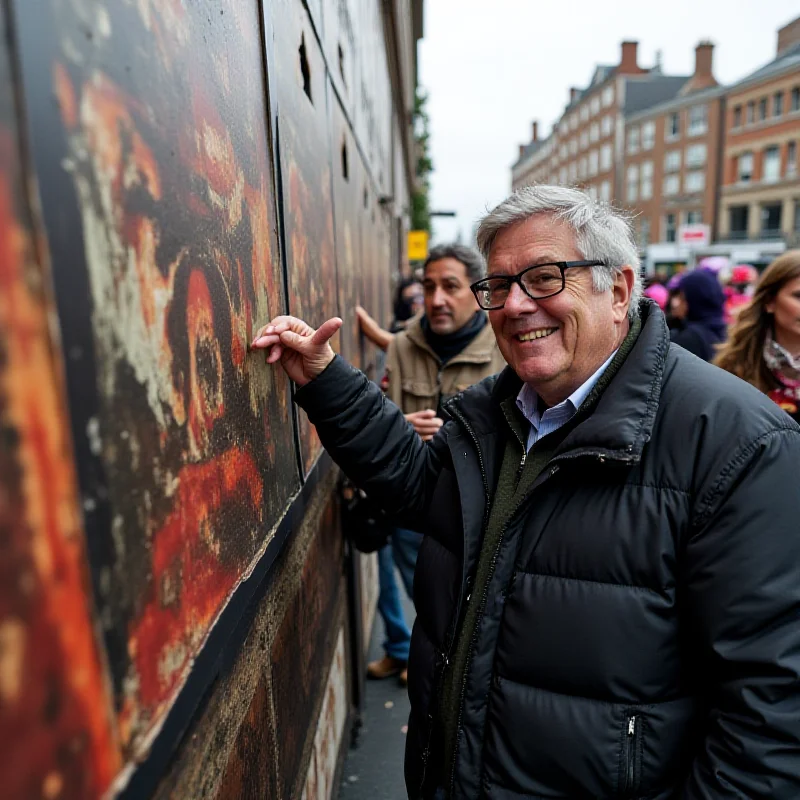 Jacques Tilly standing next to one of his satirical floats, smiling and gesturing towards the artwork. He is surrounded by carnival attendees.