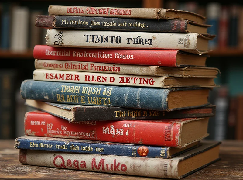 A stack of books with titles related to political ideologies and propaganda, arranged in a chaotic and visually striking manner.