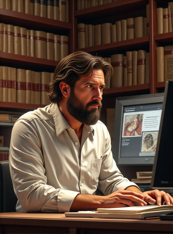 A digital rendering of Francesco Schettino working on a computer in a modern Vatican office, surrounded by digitized artifacts. 