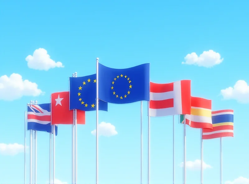 Illustration of European flags waving together in a unified manner.